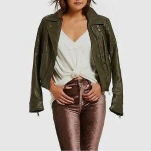 Free People Olive green faux leather zip up moto jacket size Small